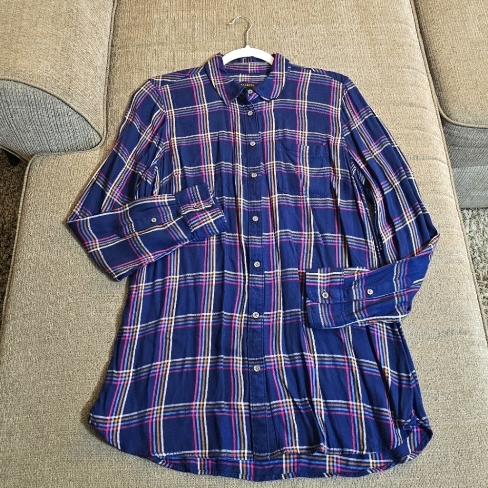 Talbots Blue Plaid Button Casual Boyfriend Longsleeve Top Shirt Size Medium